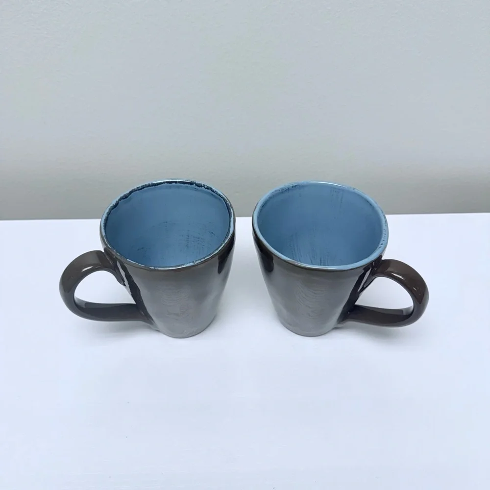 Pier 1 Imports Set of 2 Vintage Stoneware Coffee Cup Mugs, Italy, Brown & Blue